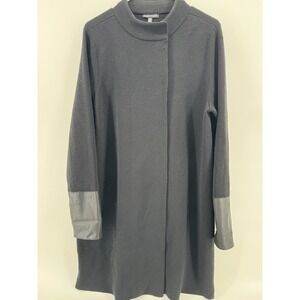 Eileen Fisher leather detail wool sweater coat black size large
